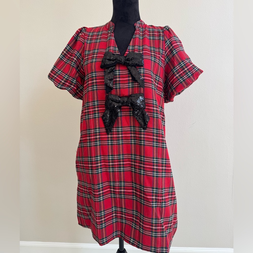 Entro Red Plaid Holiday Dress with Black Sequin Bows